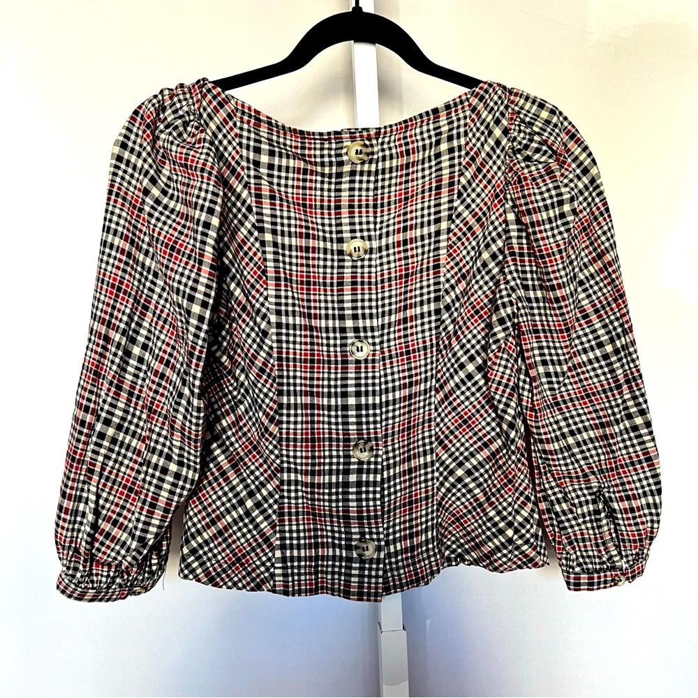Free People Plaid Puff Sleeve Blouse